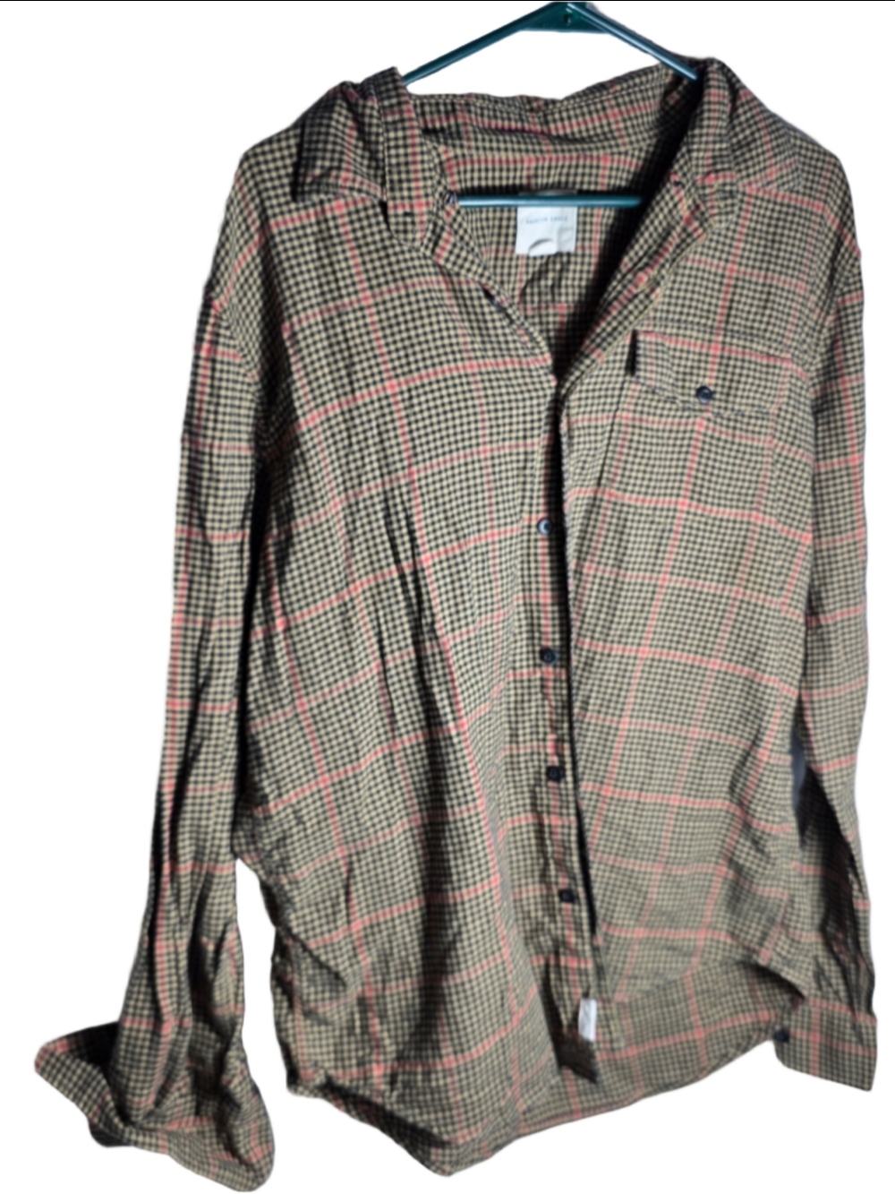 Women's American Eagle Plaid Button Down Shirt, Size L, Beige and Pink fall
